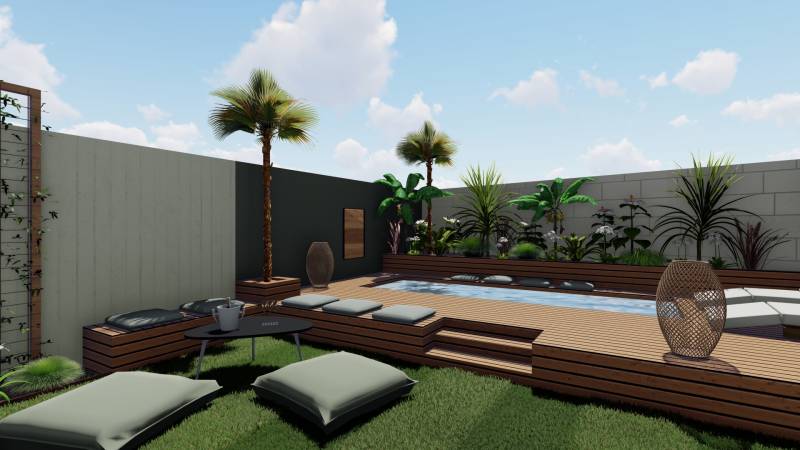 Plan 3D d’aménagement extérieur avec piscine et ambiance tropicale en plein centre du bouscat